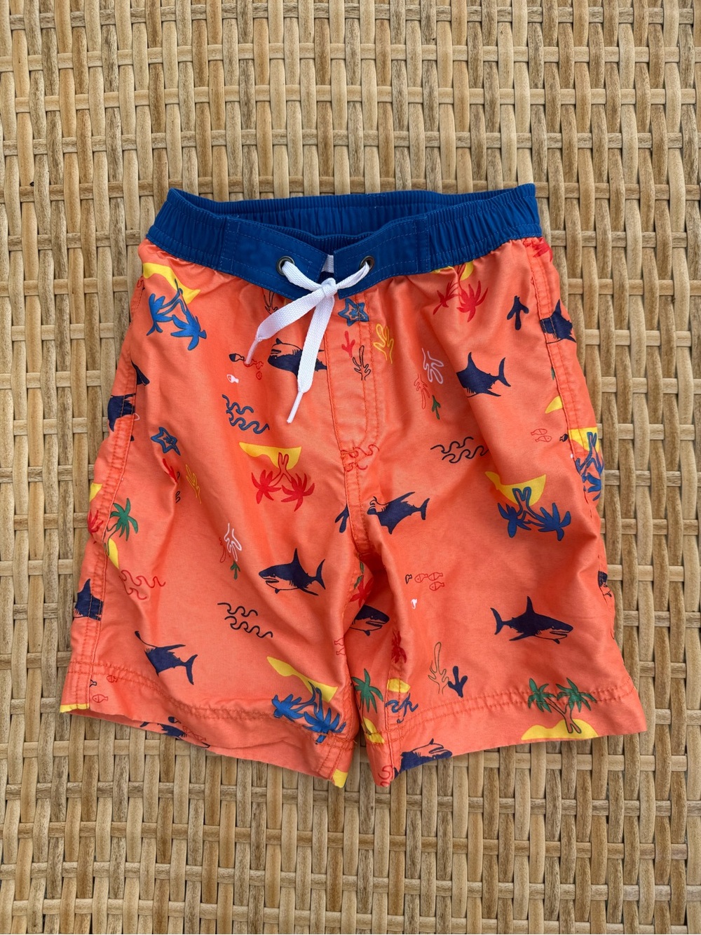 Hanna Andersson Coral Swim Trunks with Navy Waistband and White Drawstring